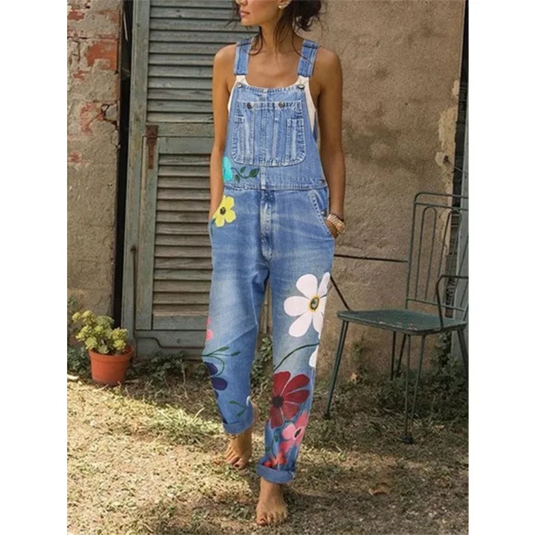 

Overalls For Women Rompers Printing Flower Womens Jumpsuit Hot Selling Denim Overall Printed Slim Long Packet Botton Trousers