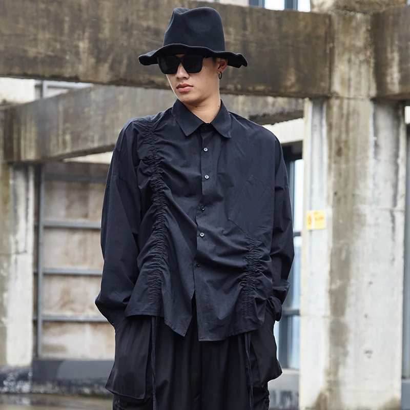 Men Party Dress Shirt Drawstring Design Loose Casual Black White Shirt Male Women Japan Streetwear Hip Hop GothicStage Costumes