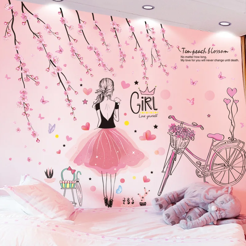 

[shijuekongjian] Cartoon Girl Wall Stickers Vinyl DIY Peach Flowers Bicycle Mural Decals for Kids Rooms Baby Bedroom Decoration