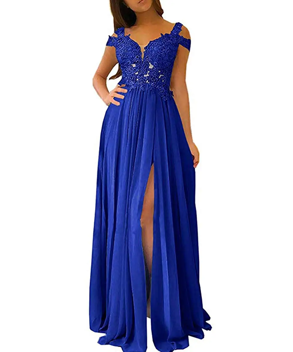 Royal azul dama de honra vestida uma linha pura pegajoso apliques chiffon  longa dama de honra vestidos de honra visto de festa de noite split plus