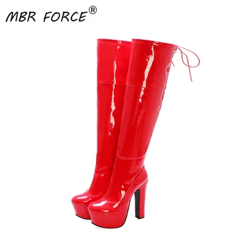 

MBR FORCE 2020 new fashion leather boots black high quality patent leather cylinder stretch high heel over the knee warm boots