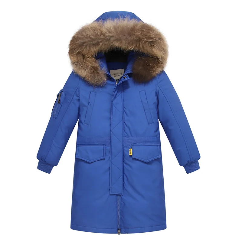 Утепленные 90% пуховики с меховым капюшоном зимняя парка для мальчиков зимняя одежда для детей 6, 8, 10, 12, 14, 15 лет - Цвет: Синий