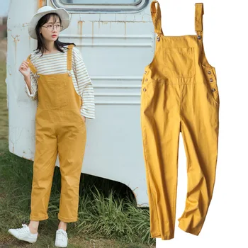 

Korean Preppy Big Pocket Loose Overalls Streetwear Salopette Femme Dungarees Rompers Women Suspenders Green Yellow Jumpsuit