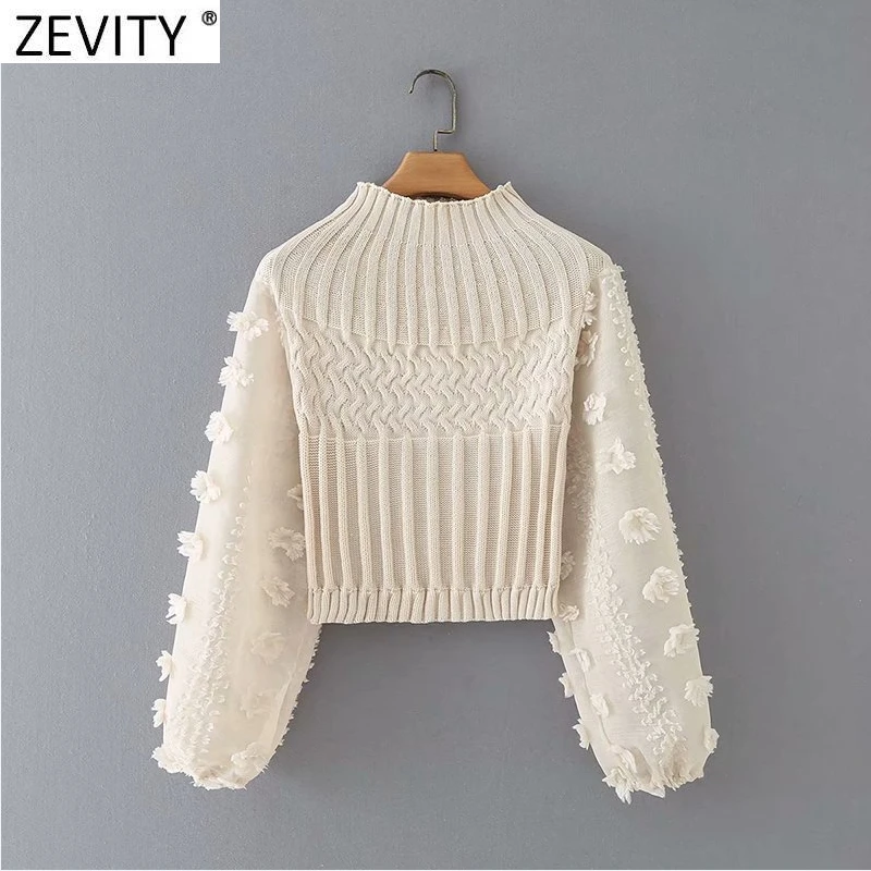 Zevity 2021 New Women Fashion Appliques Chiffon Lantern Sleeve Patchwork Short Knitting Sweater Ladies Chic Pullovers Tops S631 | Женская