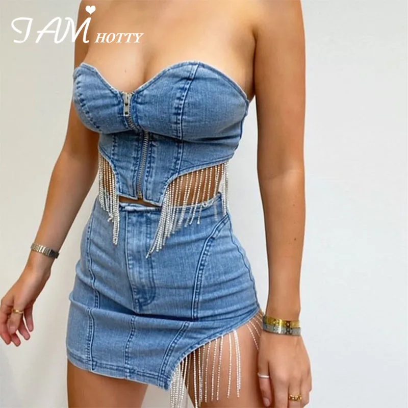 

IAMHOTTY Tassel Patchwork Jeans y2k Crop Top Women's suits Sleeveless Zipper Skinny Sexy Tops Mini Denim Skirt Two Piece Set