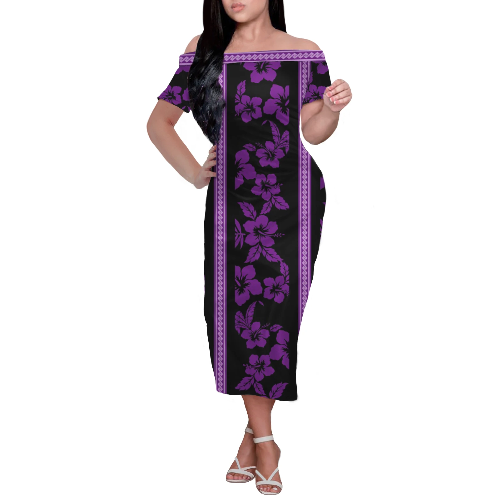 

Off Shoulder Strapless Sexy Women Dress Short Sleeve Straight Bodycon Dress Summer Polynesian Samoan Tribal Hibiscus Printing