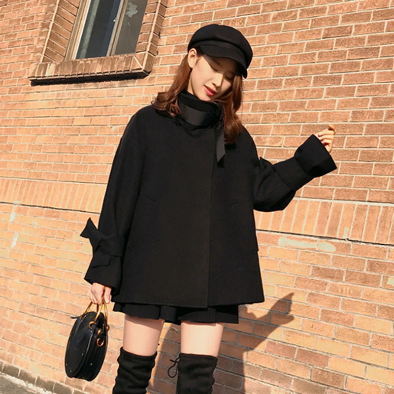 

LANMREM 2020 Autumn And Winter New Fashion Black Lapel Thickening Elegant Cloak Type Woolen Coat Female PB655