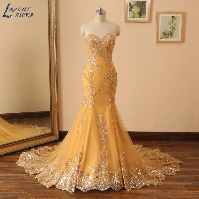 

Gold Bling Mermaid Evening Dress 2020 Lace Up suknie wieczorowe Celebrity Dresses Custom robe de soiree Sweetheart abendkleider