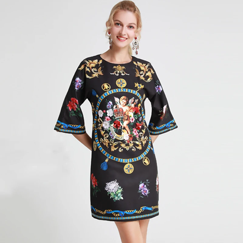 

VERDEJULIAY Runway Straight Dress 2020 Autumn New Floral Angel Print Luxury Beading Sequined Elegant 3/4 Flare Sleeve Mini Dres