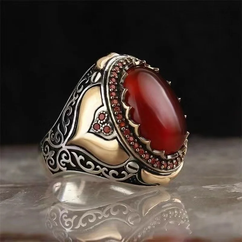 Punk Turkey Jewelry Men Ring with Red Natural Stone Zircon Crystal Silver Color Vintage King Crown CZ Rings for Male | Украшения и