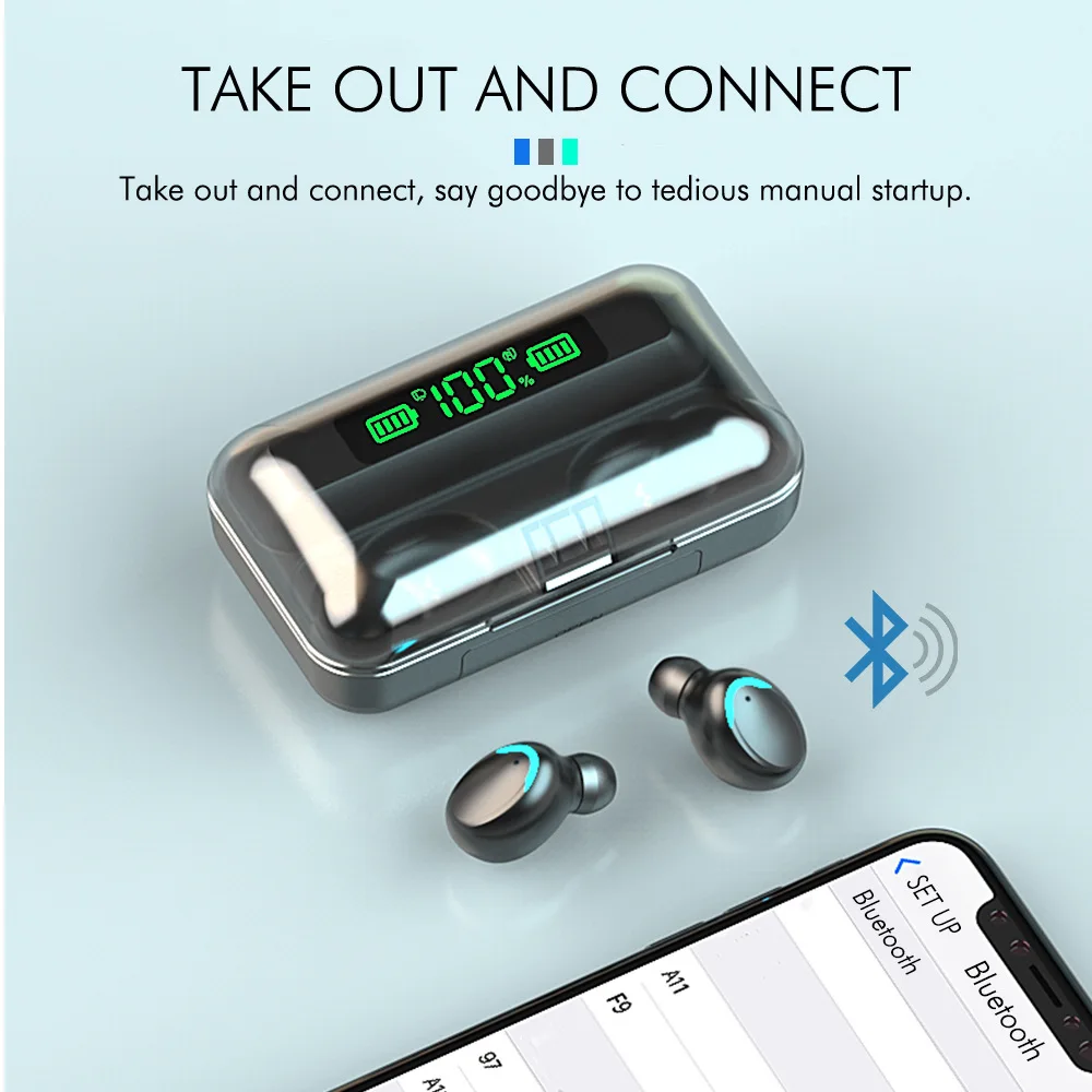 F9 TWS Bluetooth V5 0 Headphoen Earbuds With Microphone 2000mAh Wireless Waterproof Sports Headset Touch Control Noise Canceling