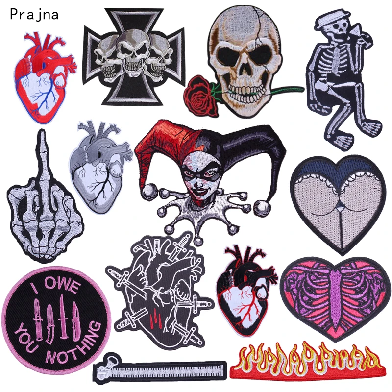 

Prajna Punk Patch Iron on Patches for Clothing Embroidery Badge Hippie Applique Rock Black DIY Accessories Skull Patches Decor F