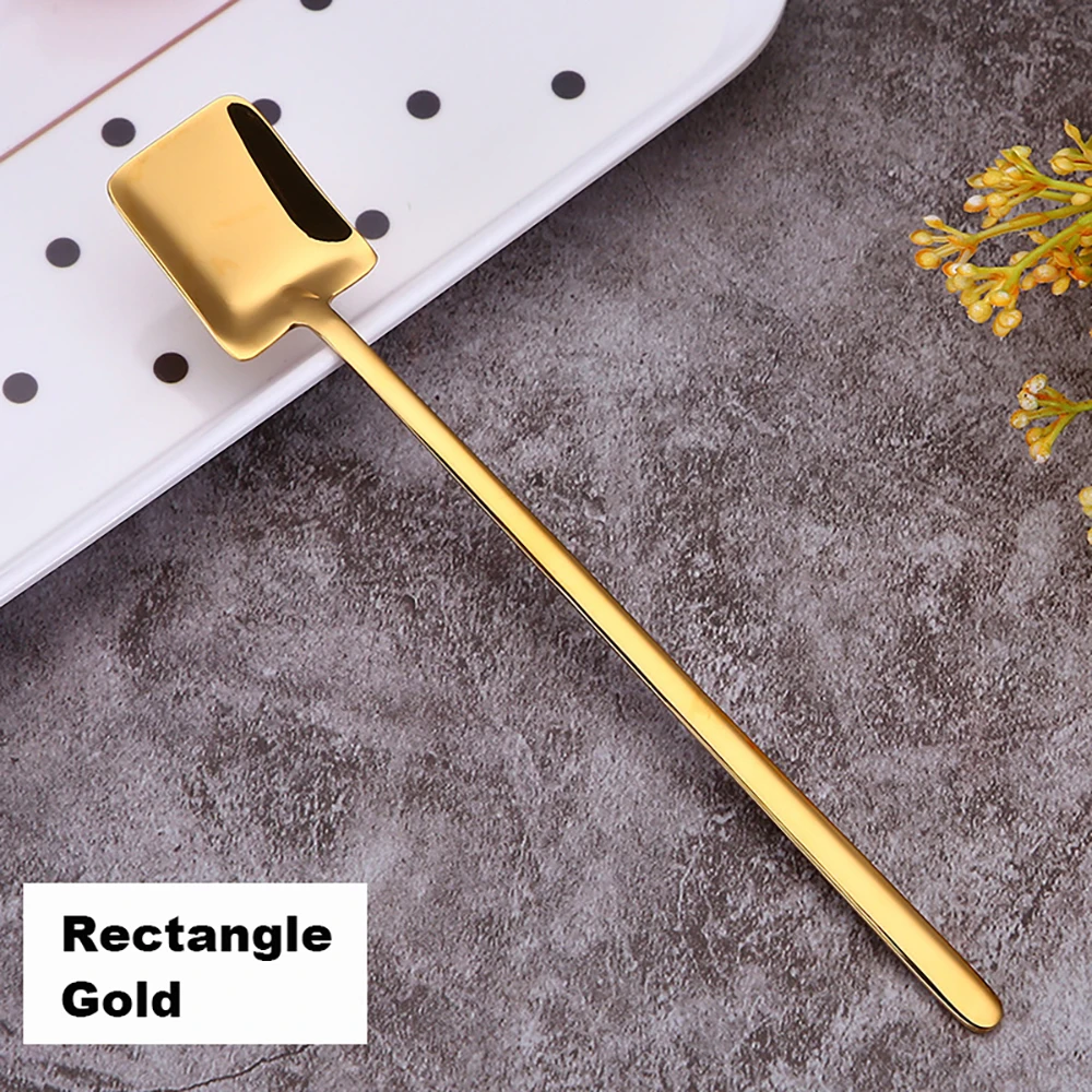 Rectangle Gold 304 Нержавеющая сталь Кофе ложка творческий покрытие льда ложка c длинной ручкой Чай ложки Кухня инструменты горячего питья столовые красочные - Цвет: Rectangle Gold