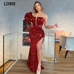 LORIE Shiny Burgundy Formal Celebrity Dresses Mermaid Plus Size 2021 Glitter Sequined One Shoulder V-neck Long Prom Party Dress
