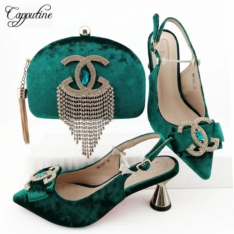 

Amazing teal green spring/autumn design pointed toe pump shoes and evening bag sets with rhinestones MM1087 heel height 7cm