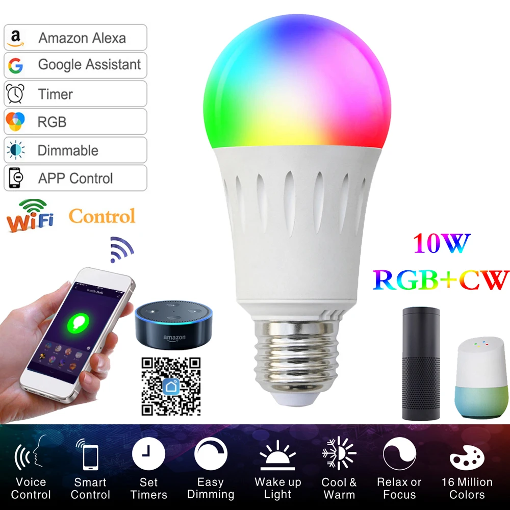 10 Вт RGBW LED Смарт лампочка WIFI диммируемая работа с Alexa/Google Home Bluetooth пульт
