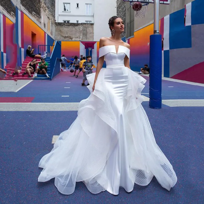 2022 Mermaid Wedding Dresses With Detachable Skirt Off The Shoulder Satin Bridal Gowns White Wedding Dress vestido de noiva 1