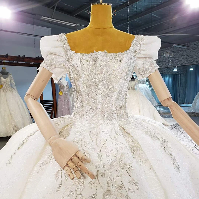 HTL2080 Elegant Extravagant Sequin Crystal Pearls Wedding Dress 2021 Square Collar Neck Short Sleeve Lace Up Back 5