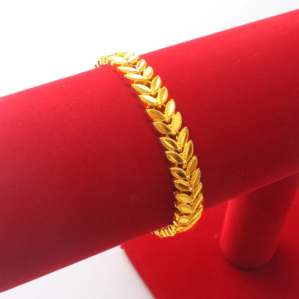 24K золотые браслеты для женщин лист простой и яркий дизайн модные роскошные длинные браслеты подарки на день Святого Валентина