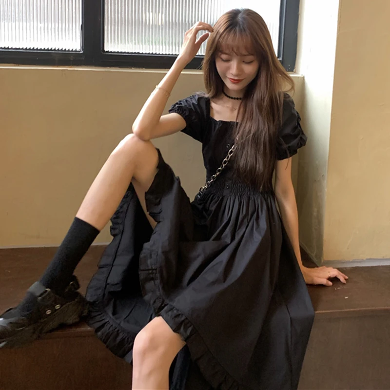 

Japanese Dark Style Design Sweet V-neck Dress Mid Length Waist Hugging Square Collar gothic dress renaissance fairy kei
