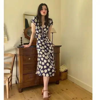 

L 2020 Summer V-neck Bow Lace-up Daisy Printed Slim Dress A- line Skirt Wholesale