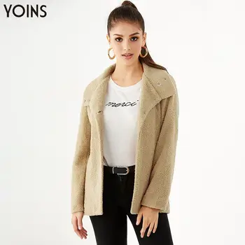 

YOINS 2020 Women Winter Coats Faux fur Coat Button Front Lapel Collar Long Sleeves Female Fur Jackets Manteau Fourrure Femme