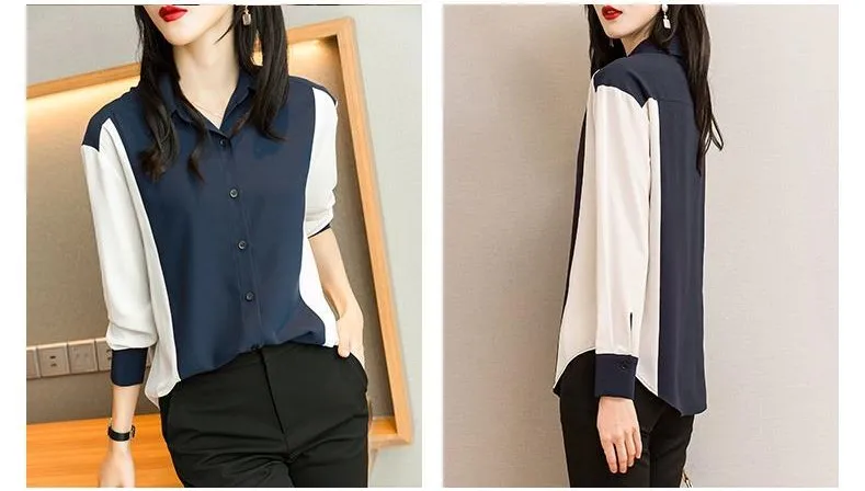 nova moda chiffon cor vertical correspondência camisa topo lady blusas b088