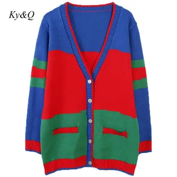 

2019 Winter Women V-neck Contrast Color Striped Outer Pocket Christmas Long-sleeved Loose Sweater Brand Luxury Cardigans Tops