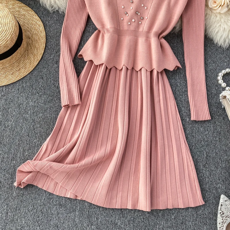 ALPHALMODA осенний женский элегантный костюм из 2 предметов жилет с бисером+ плиссированное платье с высоким воротником зимний комплект из 2 предметов