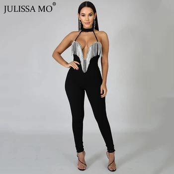 

JULISSA MO Sexy V Neck Bodycon Jumpsuit Women Crystal Fringe Bandage Rompers Womens Jumpusuits Skinny Backless Party Overalls