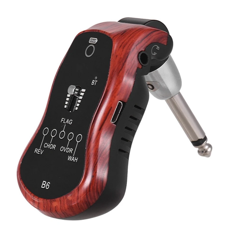 B6 Guitar Headphone Amp Mini Plug Guitar Amplifier Bluetooth Rechargeable for Electric Travel Pocket Guitar Mahogany Color 