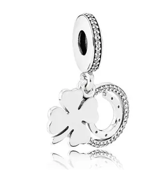 

Genuine 925 Sterling Silver Charm Four-leaf Clover & The Horseshoe Lucky Day Beads Fit Pandora Bracelet & Necklace DIY Jewelry