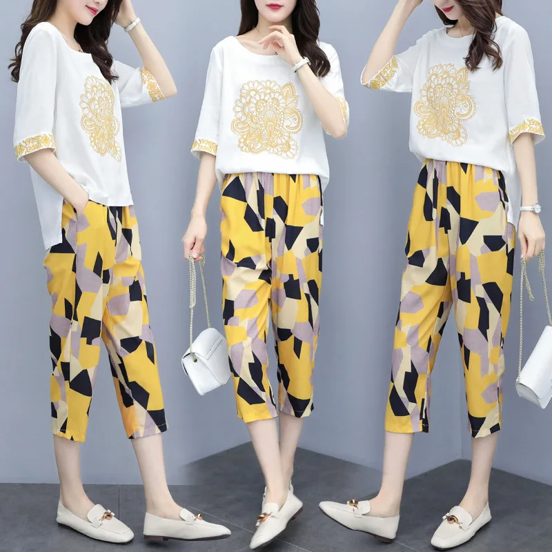 

2019 Spring Summer Fashion New Style WOMEN'S Suit Printed Loose Pants Elegant Slimming Western Style Cotton Linen Casual Two-Pie