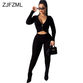 

Fall Winter Ribbed 2 Piece Matching Sets Women Hooded Full Sleeve Zipper Front Crop Top and Bodycon Pants Solid Winter Outfits