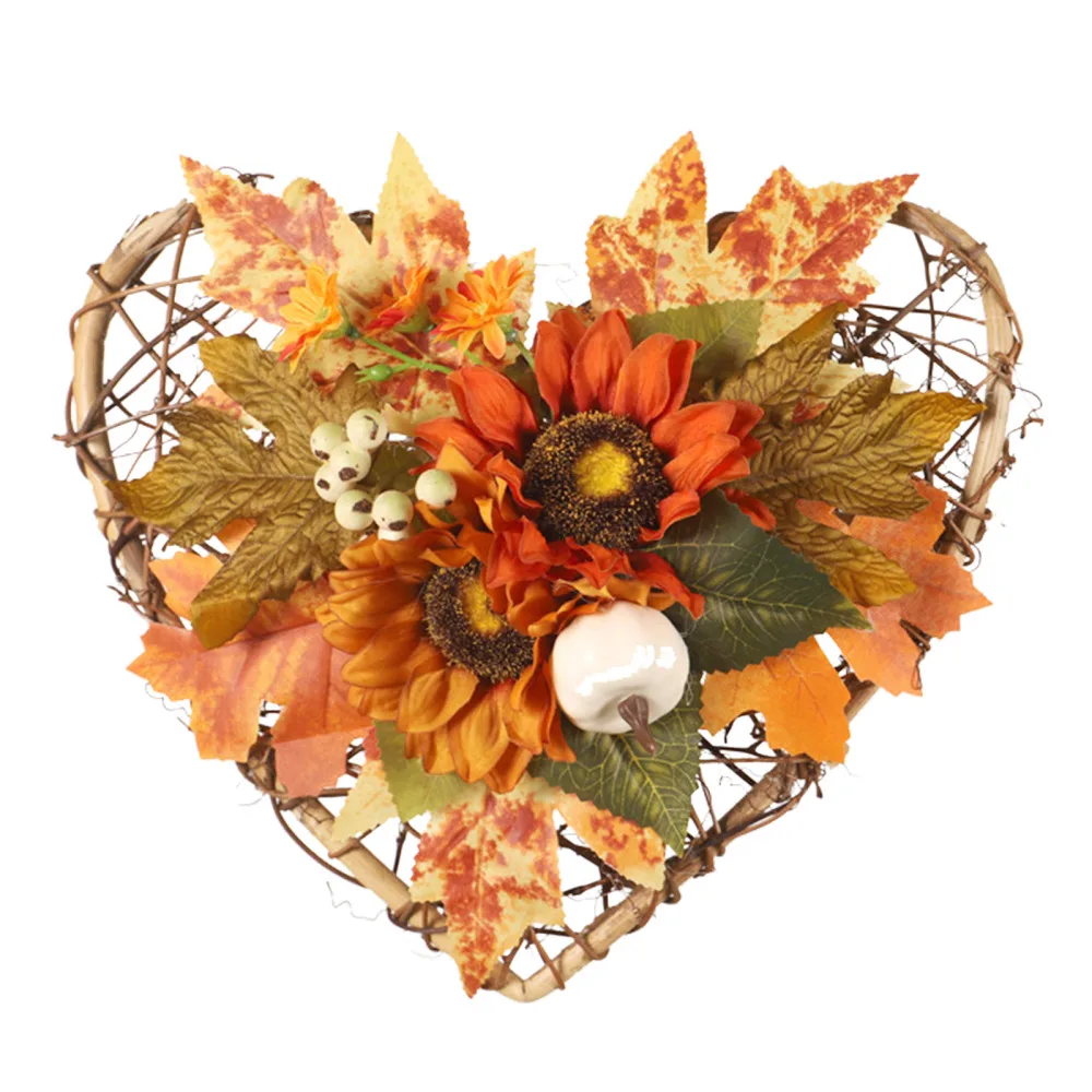 

Simulation Pumpkin Sunflower Maple Leaf Wall Hanging Fall Wreath Heart-shaped Foam Rattan Garland Thanksgiving Home Party Decor