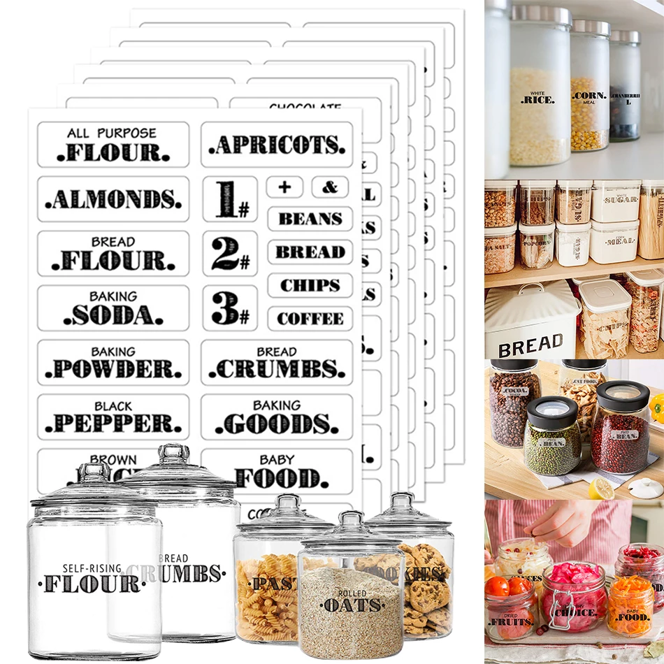 Kitchen Pantry Labels For Containers Preprinted Transparent Food Stickers Home Storage Jar Waterproof Self-Adhesive Sticker