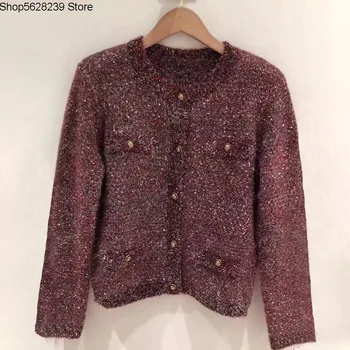 

Law Single 2020 Small Xiangfeng Round Neck Mixed Yarn Sequins Long Sleeve Women's Wear Knitting Cardigan 190783