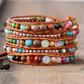 Leather Wrap Bracelets Dropshipping Women Graduated Natural Stones Silver Color Beads Multilayers Bracelets Wholesale
