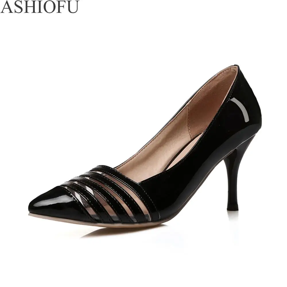 

ASHIOFU 2020 New Ladies High Heel Pumps Patent Leather Slip-on Party Office Shoes Pointed Toe Club Fashion Evening Court Shoes