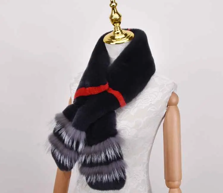 Зимний женский шарф из меха кролика рекс с меховым воротником серебристой лисы толстые теплые шарфы шаль
