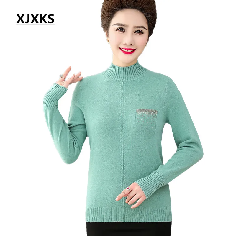 

XJXKS Exquisite diamond solid color all-match women sweater 2019 autumn winter new plus size 100% wool knitted women turtleneck sweater pullover