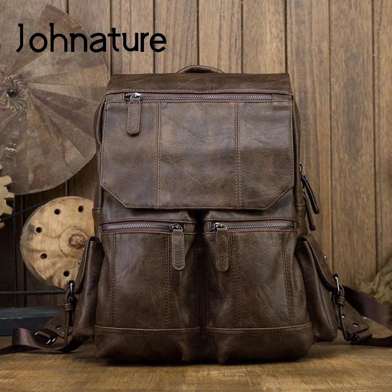Мужской рюкзак ручной работы Johnature из натуральной воловьей кожи Вместительная