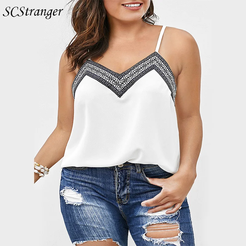 Sstranger-Tops de verano para mujer, ropa de talla grande, camisola holgada con cuello de pico y cuello Halter, Top bordado sin mangas