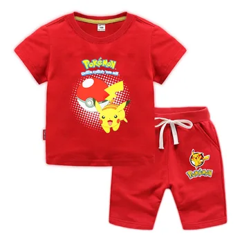 

Children Clothing Summer Cotton Short Sleeved Set Pokemon Go Printing Baby Boy Girl Cartoon T shirt + Shorts Two Suit