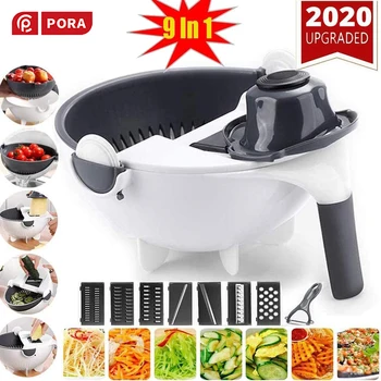 

9 in1 Multifunction Vegetable Cutter with Drain Basket Magic Rotate Vegetable Cutter Portable Slicer Chopper Grater Kitchen Tool