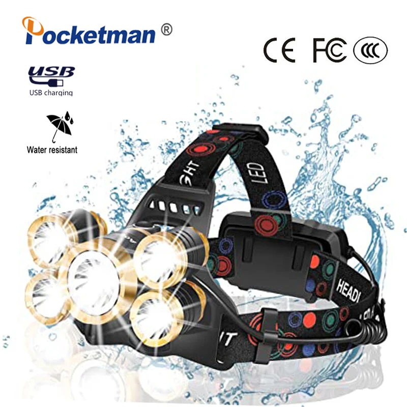100000 Lumens Bright 5 Led Headlamp XML T6 Powerful Outdoor Torch Headlight with 18650 battery Flashlight Lights for Fishing | Лампы и