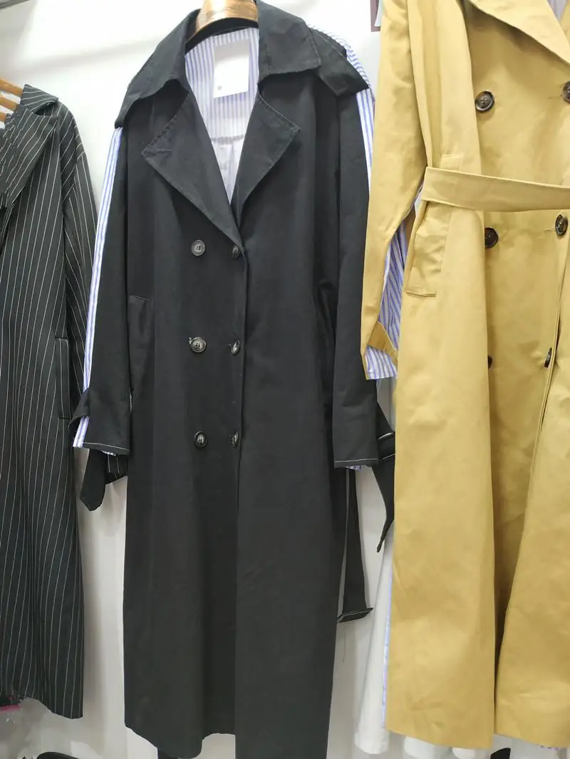 GetSpring Женский тренчкот с отделкой тканью в полоску, длинное пальто, женский ветронепроницаемый плащ с длинным рукавом, двубортное женское длинное пальто, осень - Цвет: black