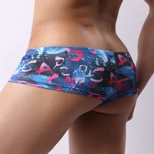 Men Sexy Printed Boxers Bikini Breathable Trunk Man Sexy Underwear Sexy Low Waist U Convex Briefs Man Open Butt Panty Underpant