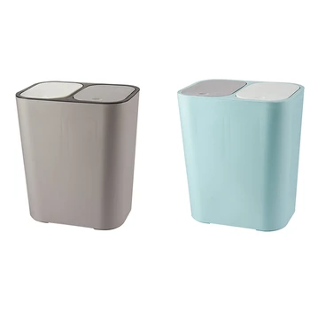 

2pcs Trash Can Rectangle Plastic Push-Button Dual Compartment 12 Liter Recycling Waste Bin Garbage Can - Grey & Blue
