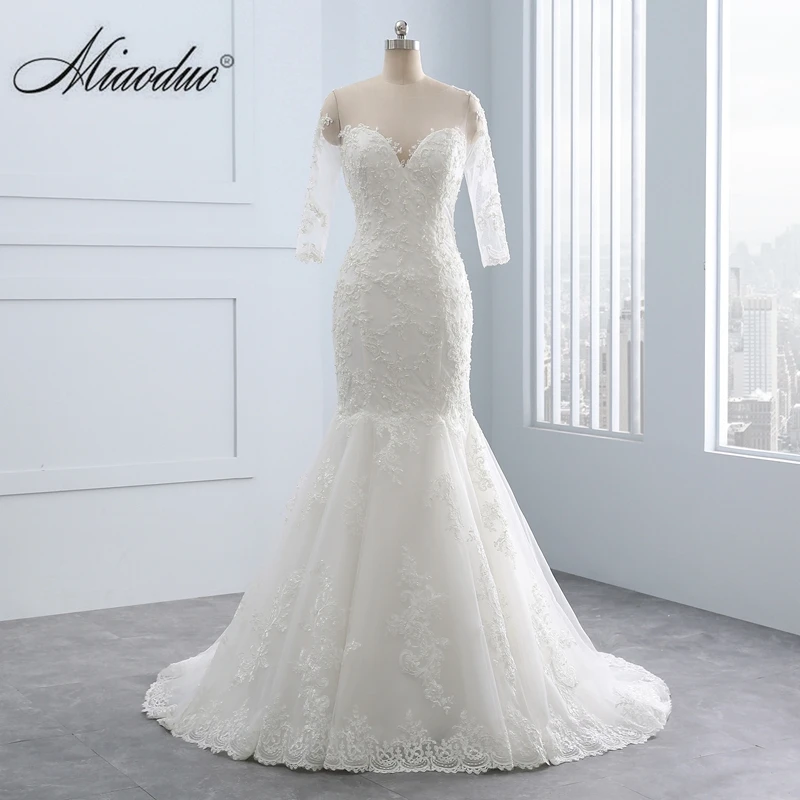 

Miaoduo Vestido de Noiva Manga Longa Mermaid Pearls Lace Wedding Dresses Sexy Sweetheart Bridal Gowns Dress Real Picture 2019